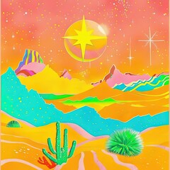 Sticker - a painting of a desert scene with a star in the sky