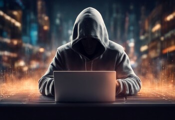 transparent laptop using hacker olated man background hoodie technology anonymous coding cyberspace network security