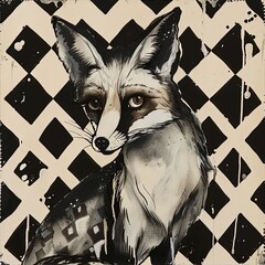 Poster - a painting of a fox on a black and white checkered background