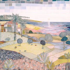 Wall Mural - a painting of a landscape with trees and a body of water