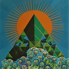 Sticker - a painting of a mountain with a sun above it