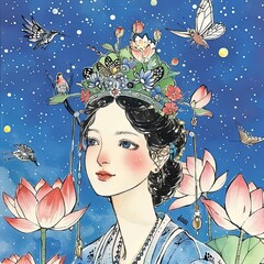 Poster - a painting of a woman with flowers and butterflies on her head