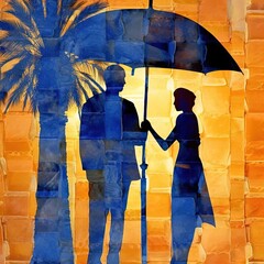 Canvas Print - a painting of two people holding an umbrella