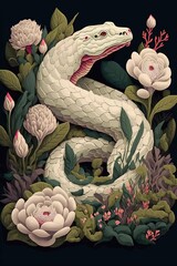 Sticker - a white snake with flowers on a black background