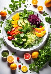 Canvas Print - vibrant salad garnished fresh colorful citrus slices white plate, herbs, vegetables, food, healthy, decoration, culinary, greens, organic, appetizing, cuisine