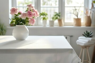 detailed view of a white table with a pristine white tablecloth in a laundry room, blurred backgroun