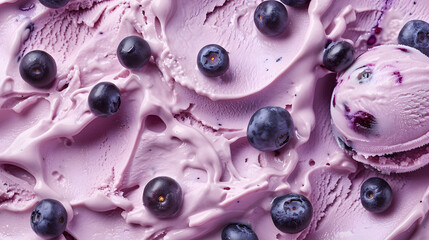 A close-up of creamy blueberry ice cream topped with fresh blueberries. The vibrant purple hue and smooth texture highlight the rich, fruity flavor of this delightful dessert.