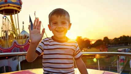 Wall Mural - A joyful little child enjoying himself on a merry-go-round at an amusement park 