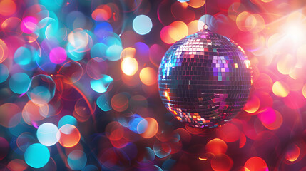 A glittering disco ball with vibrant bokeh lights in the background, creating a lively and festive atmosphere perfect for dance parties and celebrations.