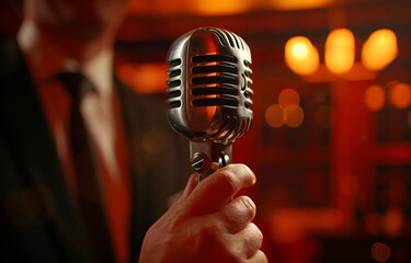 Close-up of singer hand holding a retro microphone on of a jazz or rock 'n' roll club stage during a concert. Energy and atmosphere of a live music performance.