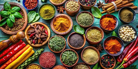 Canvas Print - A colorful assortment of aromatic spices and herbs for cooking and Ayurveda treatments, spices, herbs, cooking