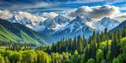 Poster - A serene landscape of snow-capped mountains and lush forests, mountain, landscape, nature, snow, forest, trees, winter