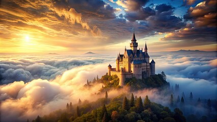 Poster - Beautiful castle in the clouds overlooking a stunning landscape, castle, clouds, fantasy, dreamy, fairytale, magical