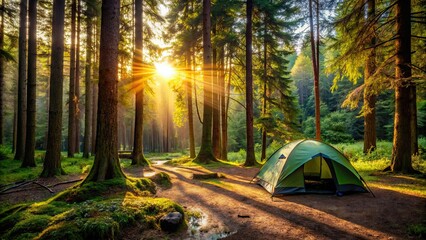 Canvas Print - A serene forest campsite nestled in the heart of nature , wilderness, camping, outdoors, tent, adventure, trees, secluded