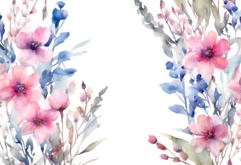 Wall Mural - seamless watercolor artistic hand border blue greenery transparent drawn leaves pink out flowers leaf branches flower floral png background watercolour wild cut illustration drawing frame clipart