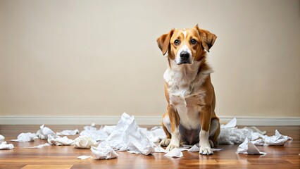 Canvas Print - A cute dog sitting on a floor covered in scattered paper , dog, sitting, floor, paper, scattered, mess, cute, adorable, pet, domestic