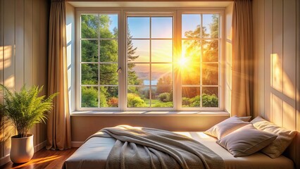 Canvas Print - A cozy bedroom window with sunlight streaming in, bedroom, window, sunlight, curtains, home, interior, cozy, relaxation, comfort, view