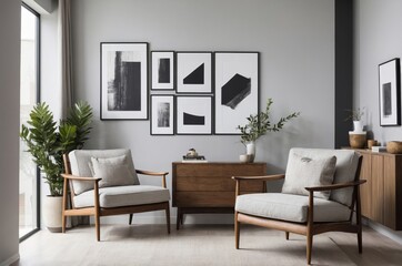 Sticker - Modern living room with mid-century armchairs and abstract art