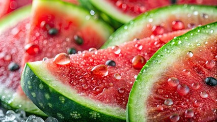 Poster - Close up of watermelon slices covered in glistening water droplets, watermelon, drops, wet, refreshing, juicy, close up, fresh