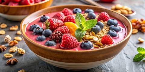 Poster - A delicious fruit smoothie bowl topped with berries, granola, and honey drizzle , refreshment, healthy, fresh, fruit