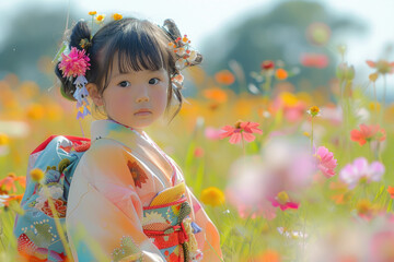 Poster - a cute little girl in kimono costume with flower field background