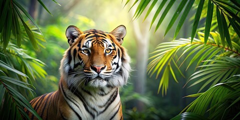 Wall Mural - beautiful tiger in lush green jungle habitat with tropical leaves background, bengal tiger, big cat,