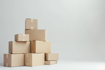 Neatly arranged stack of brown cardboard boxes on white background, moving and storage concept