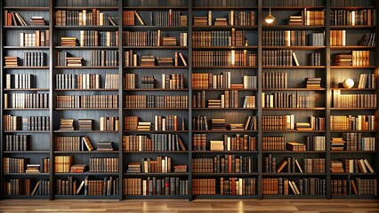 Canvas Print - A wall of black bookshelves filled with books in a cozy library setting, literary, books, bookshelves, escape