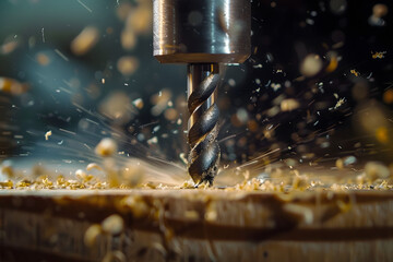 super slow motion of a drill bit drilling into wood macro shot