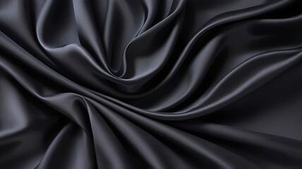 Black silk background with dark luxurious fabric draped texture folds in waves of flowing soft pattern, abstract satin or velvet cloth in luxury material design. ai