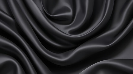 Black silk background with dark luxurious fabric draped texture folds in waves of flowing soft pattern, abstract satin or velvet cloth in luxury material design. ai