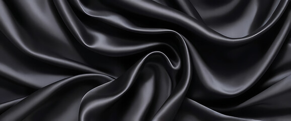 Black silk background with dark luxurious fabric draped texture folds in waves of flowing soft pattern, abstract satin or velvet cloth in luxury material design. ai