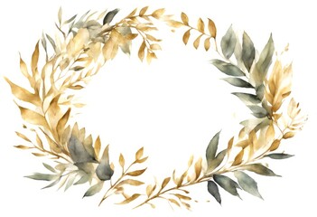 Wall Mural - branch card hand gold leaf leaves olated circle wreath border painting background geometric treebranch watercolor chaplet plant white design frame floral