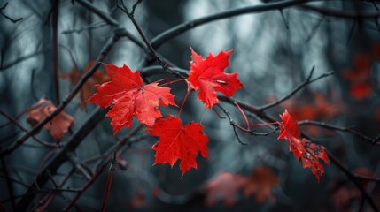 Poster - Red leaves on tree branch in forest