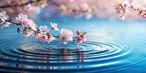 Poster - Cherry blossoms floating on rippling water surface, cherry blossoms, sakura, water, surface, reflection, nature, spring, pink