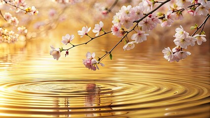 Poster - Cherry blossom petals floating on rippling golden water surface, cherry blossom, petals, floating, ripple, golden, water