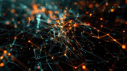 Poster - Abstract art of digital network with glowing orange and blue dots on a dark background. digital art of glowing lines and dot connecting. Technology and data visualization concept for wallpaper. AIG53F