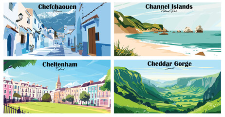 Wall Mural - Travel landmarks tourism world famous, Vector illustration. Design for travel wallpaper, flyer or web banner design template. Panorama view. Copy space