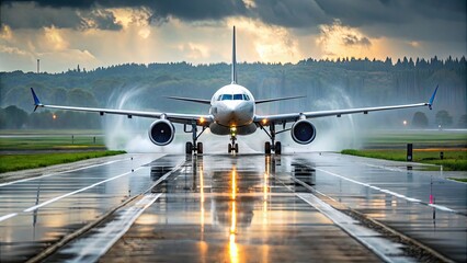 Airplane navigating on a wet runway during landing , aviation, aircraft, transportation, airport, wet surface