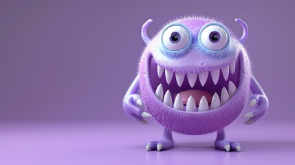 Sticker - A 3D cartoon monster with purple fur, a big smile, and sharp claws stands against a purple background.