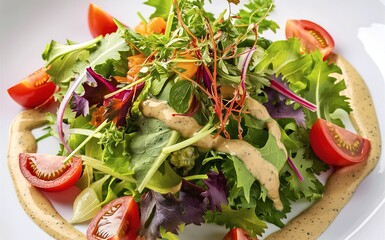 fresh salad featuring a variety of leafy greens, colorful herbs, and juicy sliced cherry tomatoes