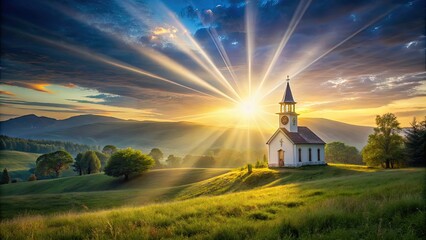 Poster - Beautiful landscape with a glowing light shining down on a place of worship, landscape, light, faith, spiritual, tranquil