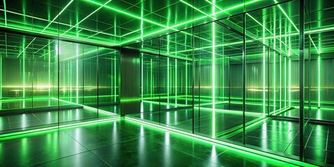 Sticker - Abstract green glowing lights streaks illuminating glass wall in futuristic room background, futuristic, abstract