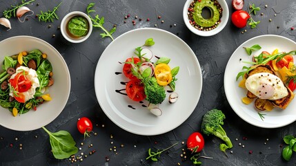 Sticker - A flat lay of three different dishes: a salad with burrata and tomatoes, a salad with roasted vegetables, and toast with a fried egg.