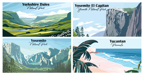 Wall Mural - Travel landmarks tourism world famous, Vector illustration. Design for travel wallpaper, flyer or web banner design template. Panorama view. Copy space