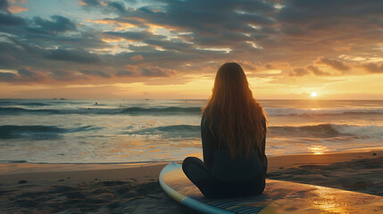 Thoughtful woman with a surfboard sitting on the beach, gazing at the ocean horizon with serene contemplation, captured in high-definition