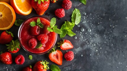 Canvas Print - A glass of red berry smoothie with fresh fruit and mint leaves.