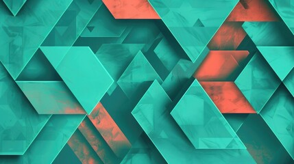 Wall Mural - abstract geometric patterns of overlapping triangles and hexagons in shades of teal and coral, creat