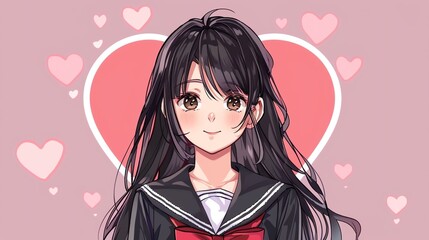 Wall Mural - Cute anime girl with long black hair wearing a school uniform.