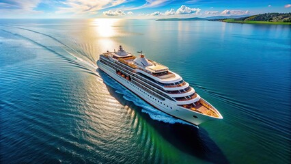 Poster - Aerial view of luxury cruise ship sailing on open water, Luxury, Cruise ship, Aerial view, Top view, Ocean, Sea, Water